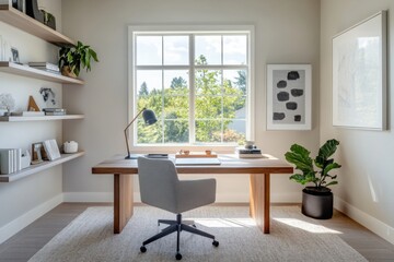 A serene home office bathed in sunlight, featuring a minimalist workspace, stylish artwork, and abundant natural light enhancing the calming atmosphere.
