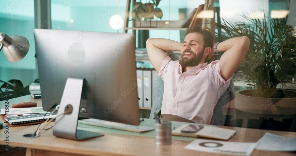 Aufkleber Break, computer and web development with man coding software in office for launch or testing. Design, done and hands behind head with developer employee at desk in workplace for infrastructure code