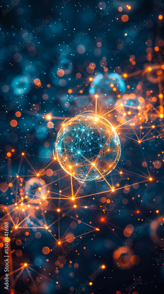 Poster interconnected digital network with glowing nodes and lines depicting modern connectivity and techno