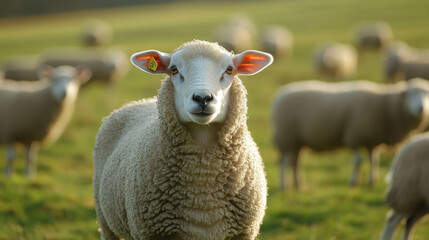 Obraz premium A close-up of a sheep in a grassy field, surrounded by other sheep in the background.