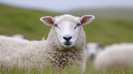 Fototapeta premium A close-up of a sheep in a grassy field, showcasing its woolly texture and gentle expression.