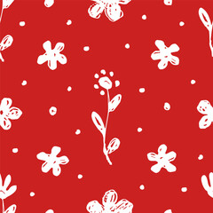 Simple floral vector seamless pattern. White flowers, branches, dots on red background. For fabric prints, textile products, clothes.