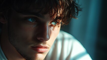 Close-up portrait of thoughtful young man in soft light, indoor setting