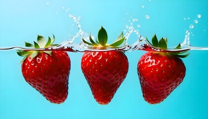 Three strawberries with green leaves are submerged in water, creating a splash effect