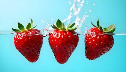 Three strawberries with green leaves are submerged in water, creating a splash effect