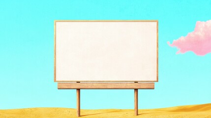 Blank Wooden Billboard in Desert Landscape with Blue Sky