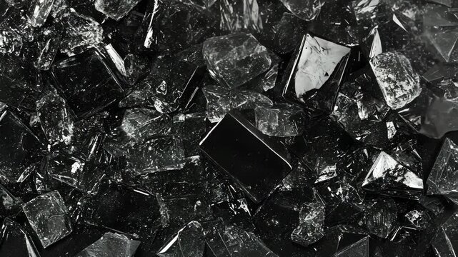 Textured arrangement of black glass fragments displaying natural sharpness and iridescence found in rock formations