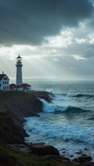 Fototapeta premium Dramatic lighthouse overlooking stormy sea with swirling waves, nature's power