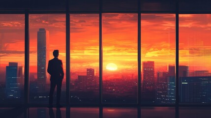 Fototapeta premium A silhouetted man looks out at a city sunset through large windows