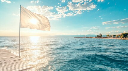 White Flag Waves Sea Ocean Sunset Peaceful Summer Idyllic Vacation