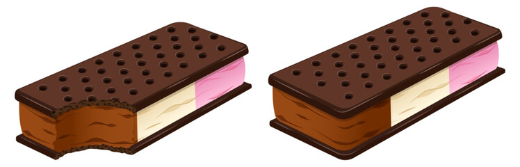 Whole and Bitten Neapolitan Ice Cream Chocolate Sandwiches. Crunchy Creamy Dessert Vector Art