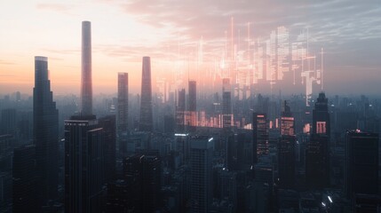 Fototapeta premium Futuristic Cityscape at Sunset with Digital Data Overlay Modern Architecture and Technology