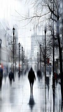 Fototapeta Blurry Grayscale City Street Scene in the Rain