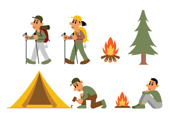 Hiking and camping cartoon set, men and women