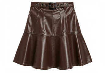 Brown leather skirt with a belt and a flared hemline.