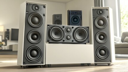 High-end speaker system with multiple audio units set up in a modern room.