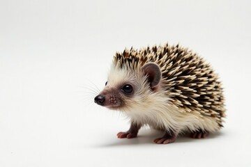Close-up of a solitary hedgehog on a seamless white backdrop , animal photography, portrait, dark