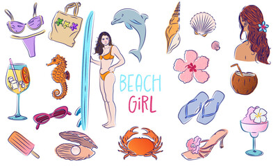 Summer vector illustration set, vector hand drawn beach vacation sticker, tropical ocean rest. 