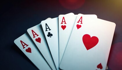 Four aces fanned out, showcasing the card backs and fronts , card back, hearts