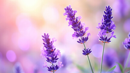Naklejka premium A close-up of lavender flowers in soft focus, creating a serene and calming atmosphere.