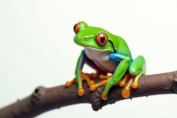 Naklejka premium Green tree frog perched on white, vibrant colors, photography, glossy, nature