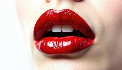 Obraz premium Highly saturated crimson lips set against stark white, matte, red lips, white background