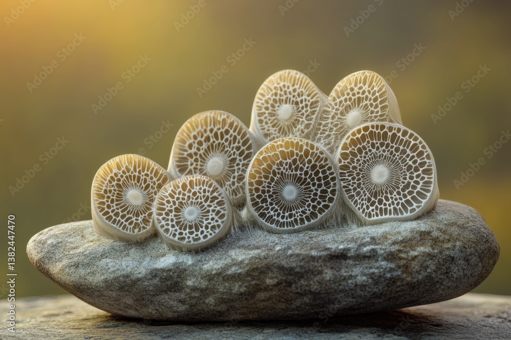 Poster intricate, circular, bone-like structures arranged on a stone, possibly fossilized organisms.