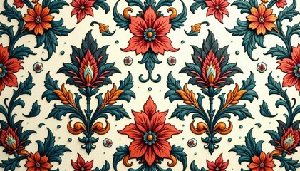 Intricate floral damask pattern, swirling vines & leaves, illustration, traditional, floral pattern