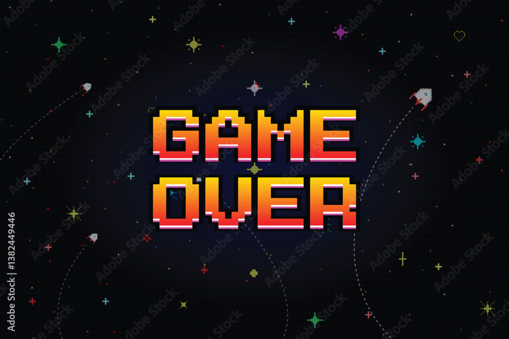 Poster game over. pixel art .8 bit game. retro game. for game assets in vector illustrations.