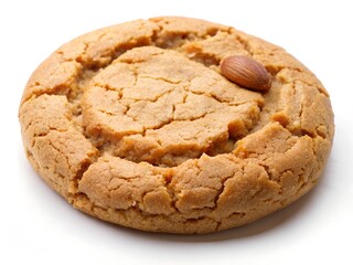 A golden-brown almond cookie, baked to perfection, with a subtly cracked surface and a single almond crowning its center, against a bright white background.
