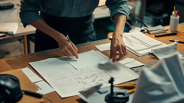 A designer sketches innovative concepts on paper in a creative workspace filled with tools
