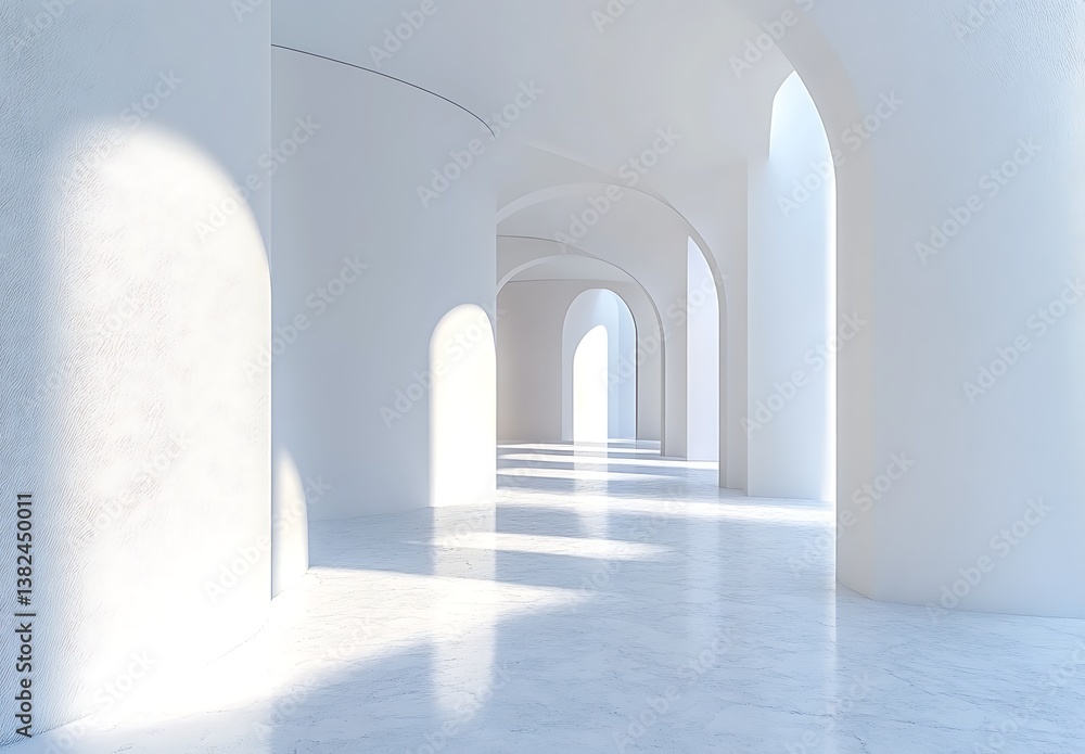 Poster 3d rendering of a white abstract background with a curved wall and floor, with a light shadow on the