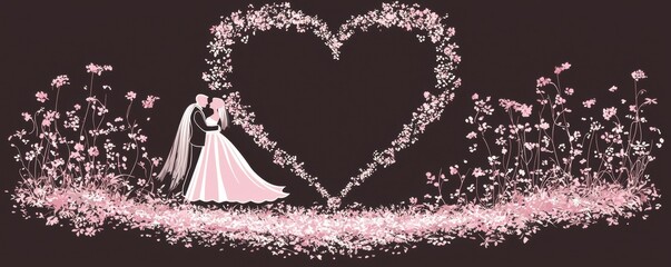 A romantic illustration featuring a couple embracing within a floral heart, symbolizing love and celebration.