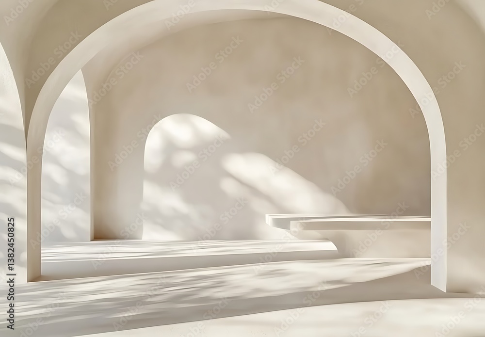 Poster 3d rendering of a white abstract background with futuristic arches and shadows on the floor
