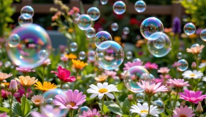 Soap Bubble Garden A whimsical garden where soap bubbles float over flowers, creating a magical and playful atmosphere.