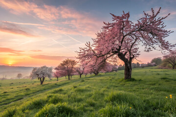 Obraz premium Easter Sunrise Blossom Pink Cherry Trees in Full Bloom