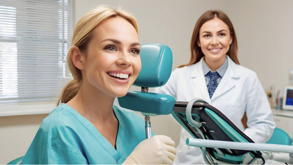 Obraz premium A confident young woman smiles brightly during a dental checkup, feeling relaxed and at ease in the dentist's chair with soft lighting and a calm atmosphere.