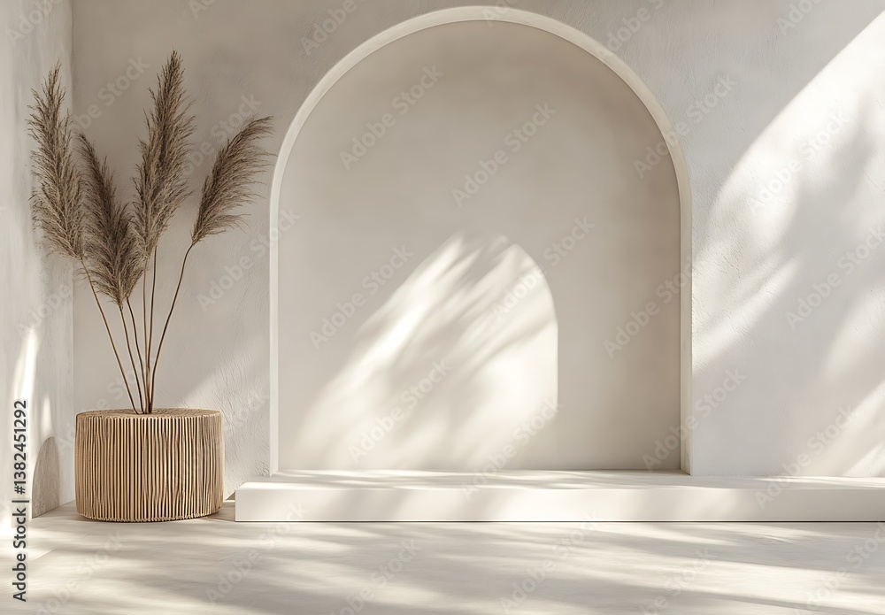 Poster 3d rendering of a white abstract background with a floor and walls in the form of an arch, light sha