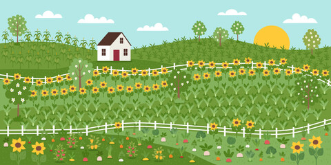 Sustainable and regenerative farming, harvest concept banner. Gardening nature landscape. Farmhouse, garden, cover crops, plants. Vector hand drawn illustration in flat style.