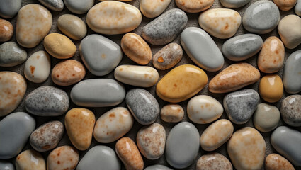 An elegant arrangement of river rocks displays a diverse range of natural colors and textures.  Each stone reflects a unique story of weathering and erosion.
