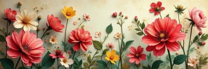 Intricate pressed floral collage, muted tones, aged look , backdrop, flower press, collage