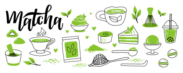 Matcha tea and sweets collection. Hand-drawn vector set with Green tea powder, teapot, whisk, spoon, latte, sweets, ice cream, cake, macarons, and bubble tea. Vector doodle illustration.