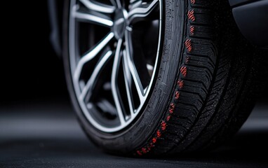 Close-Up Black Car Tire with Silver Alloy Wheel
