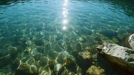 Obraz premium Crystal-clear lake water reflecting sunlight on rocks