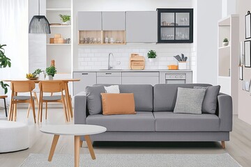 Contemporary Living Room with Grey Sofa and Kitchen Background - Modern Home Decor Concept