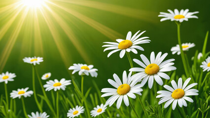 White daisies illuminated by sunbeams with glare on green background. Fresh wild delicate flowers. Close-up. Copy space for text.