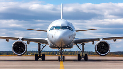 A commercial airplane on a runway under a cloudy sky, ready for takeoff.