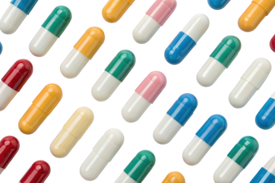 Colorful capsules arranged in a vibrant pattern isolated with transparent background
