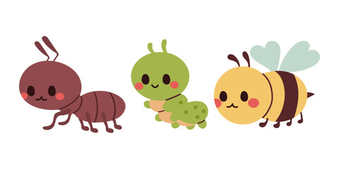 Cartoon insect characters. Children cute bug funny insects mascot, happy beetle garden set, swanky vector illustration original artwork , hand drawn illustration isolate on white.