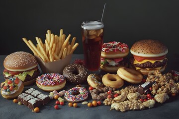 Assortment of fast food items including burgers fries donuts and a soft drink.
